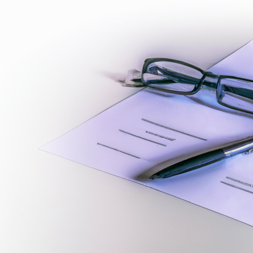 Escritorio minimalista con documentos de contrato, gafas y bolígrafo